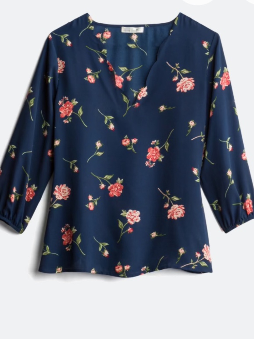 nine britton Navy Floral Split-Neck Long Sleeve Blouse